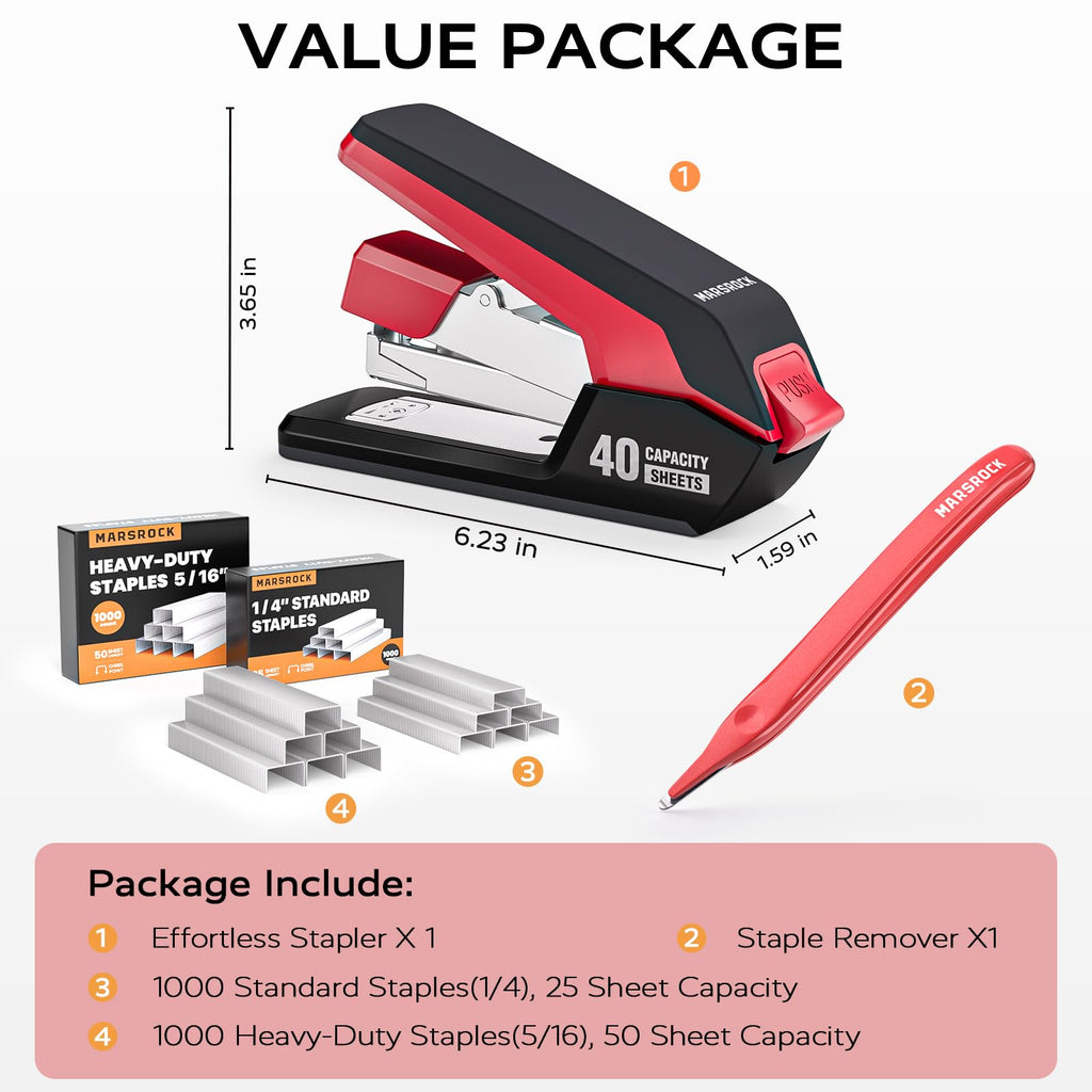 Effortless Heavy Duty Desktop Stapler, 40 Sheet Capacity, 1-Finger Press Stapling, Ergonomic & Easy to Load, Includes 2000 Staples and Magnetic Staple Remover, Red