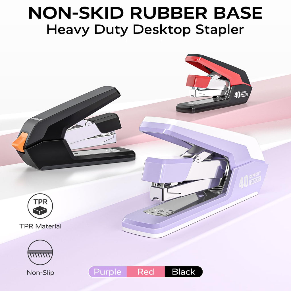 Effortless Heavy Duty Desktop Stapler, 40 Sheet Capacity, 1-Finger Press Stapling, Ergonomic & Easy to Load, Includes 2000 Staples and Magnetic Staple Remover, Red