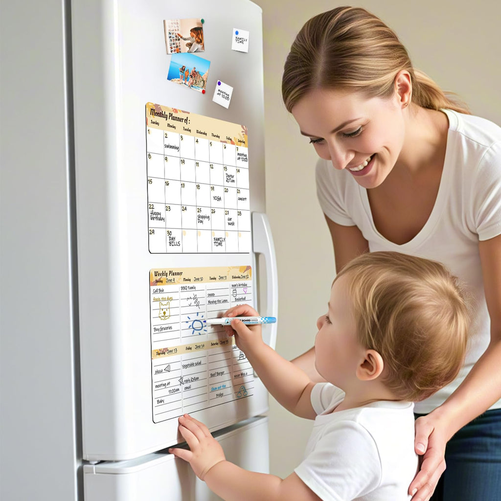 Marsrock 17" x 11"Yellow Magnetic Refrigerator Whiteboard Calendar,Dry Erase Weekly or Monthly Planner Board&8 Markers,6 Magnets,1 Eraser