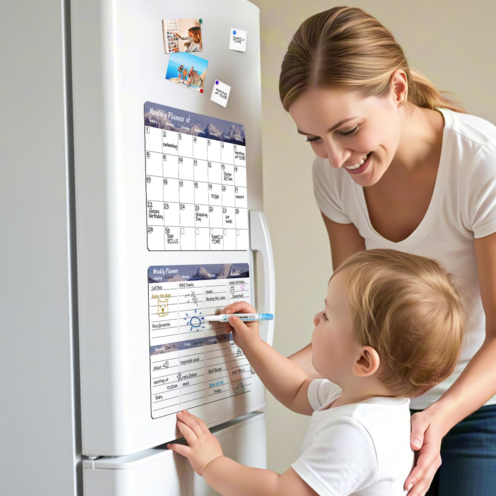 Marsrock 17" x 11"Grey Magnetic Refrigerator Whiteboard Calendar,Dry Erase Weekly or Monthly Planner Board&8 Markers,6 Magnets,1 Eraser