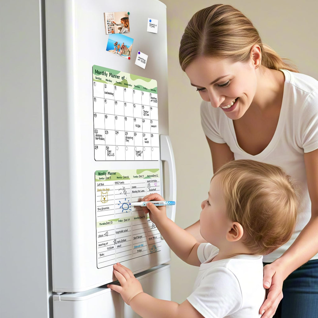 Marsrock 17" x 11"Green Magnetic Refrigerator Whiteboard Calendar,Dry Erase Weekly or Monthly Planner Board&8 Markers,6 Magnets,1 Eraser