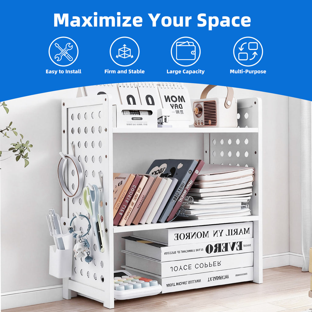 Marsrock (White-2 Tier) Office Desk Shelf Organizer,Medium Density Fiberboard Desktop Bookshelf Supplies Storage Rack,Shelf for Top of Desk and Dresser